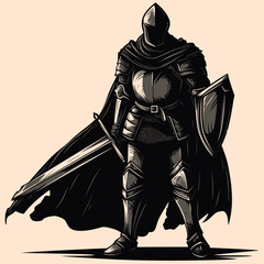 Obraz premium Black and White Knight man Character Outline Silhouette Ornament Vector Art for Logo and Icon, Sketch, Tattoo, Clip Art