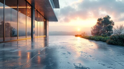 The exterior of a modern building with steel and glass is seen in this photorealistic rendering of an empty cement floor early in the morning.