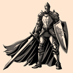 Obraz premium Black and White Knight man Character Outline Silhouette Ornament Vector Art for Logo and Icon, Sketch, Tattoo, Clip Art