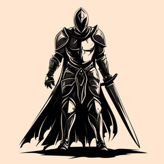 Obraz premium Black and White Knight man Character Outline Silhouette Ornament Vector Art for Logo and Icon, Sketch, Tattoo, Clip Art