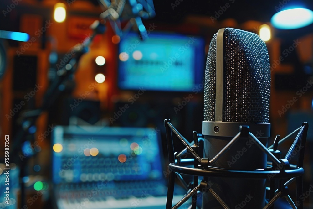 Poster professional microphone in recording studio with laptop in background. perfect for music production 