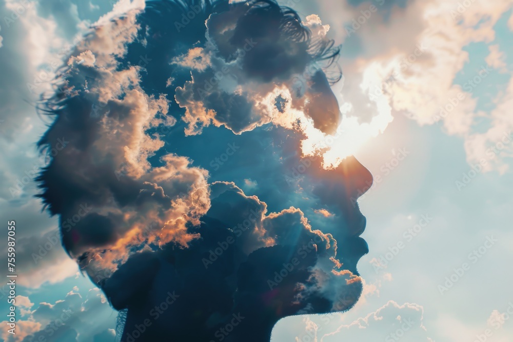 Poster double exposure photo of a man's face with clouds in the background. suitable for creative projects.