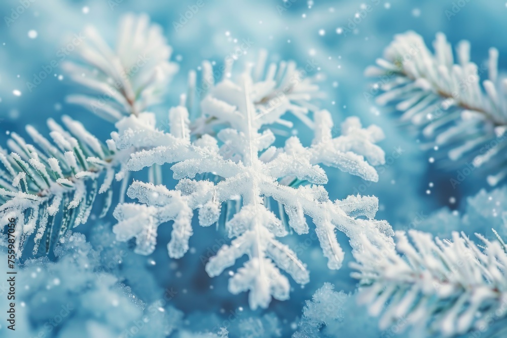 Canvas Prints Close up of a snowflake on a tree branch. Suitable for winter themes.