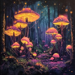 A painting depicting a variety of mushrooms clustered together in a lush forest setting, showcasing the beauty of natures diversity.