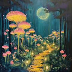 A painting depicting a clearly defined path cutting through a dense forest filled with glowing mushrooms.