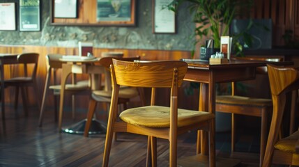 Wooden table and chairs in a restaurant, perfect for restaurant and cafe themes.