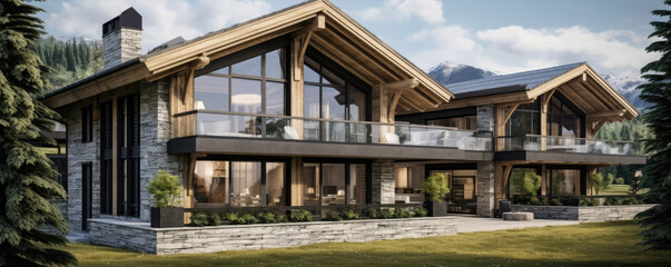 Obraz premium Wooden modern chalet in alps mountains. Super modern houses or huts with big windows