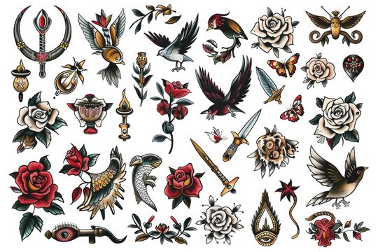 A collection of classic tattoos on a white background. Ideal for tattoo parlors and vintage-themed designs.