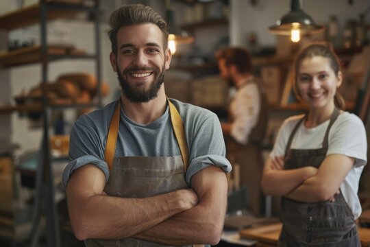 A couple standing in a bakery shop, suitable for food industry concepts.