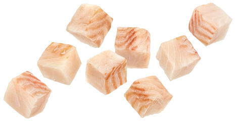 Falling cod fish fillet cubes isolated on white background - 755987278