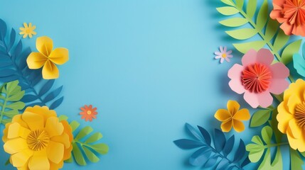Vibrant paper flowers and leaves on a blue backdrop. Perfect for crafts and DIY projects.