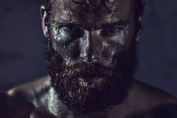 A stoic arena warrior, beard streaked with sweat, shoulders squared. His gaze pierces through the darkness