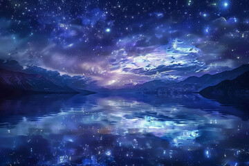 A starry night sky above a tranquil lake, reflections shimmering on the water