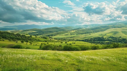 Naklejka na ściany i meble A scenic view of a lush green valley with mountains in the distance. Suitable for nature and landscape themes.
