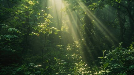 Sunlight shining through dense forest trees, ideal for nature-themed designs.