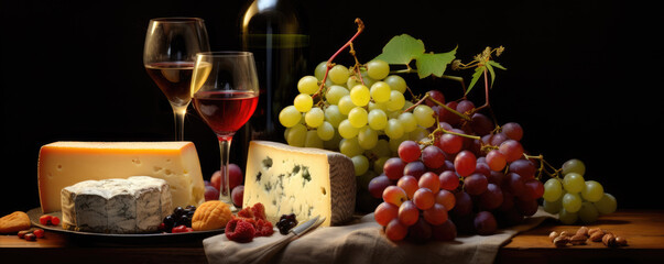 Various cheeses with wine, fresh grapes, fruits on wooden board, Finest cheese composition