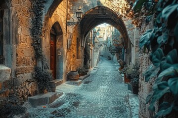 A narrow cobblestone street with a unique archway. Perfect for architectural projects or historical themes.