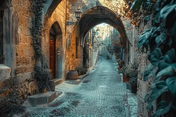  A narrow cobblestone street with a unique archway. Perfect for architectural projects or historical themes. © Fotograf