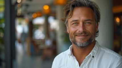 An optimistic businessman stands in front of a wall with a tablet computer - obrazy, fototapety, plakaty