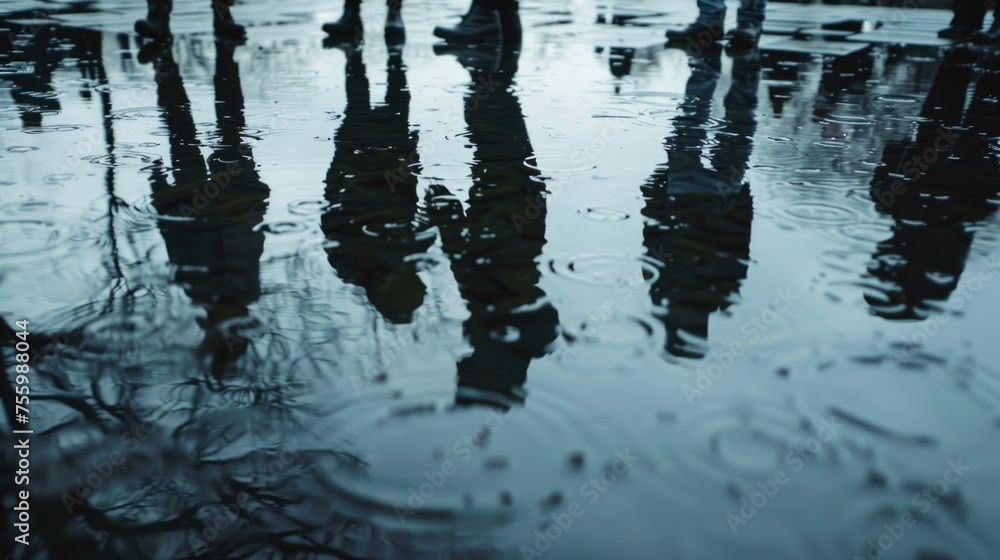 Poster group of people standing on top of a puddle of water. suitable for team building concepts.