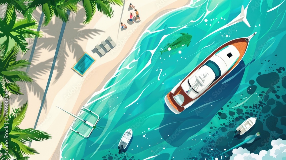 Poster aerial view of a beach with a boat and palm trees. ideal for travel and vacation concepts.