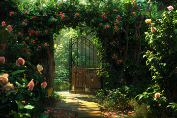 A secret garden with blooming roses, ivy-covered walls, and a rustic wooden gate.