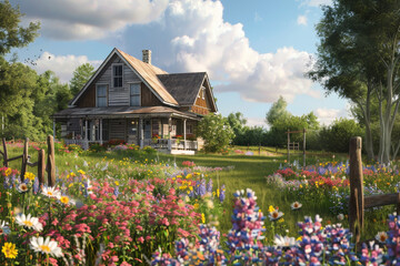 Fototapeta na wymiar A rustic countryside farmhouse surrounded by blooming wildflowers.