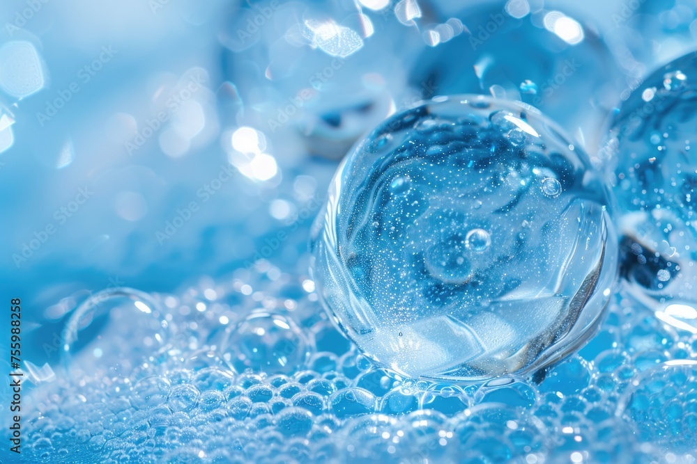 Aufkleber Close-up view of bubbles on a blue surface. Suitable for various design projects.