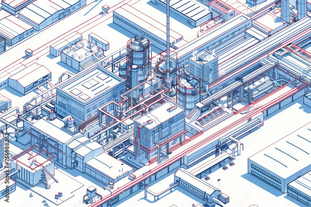 Poster detailed drawing of a factory with various machinery, suitable for industrial concepts.