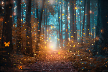 A mystical forest with fireflies illuminating the night.
