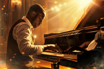 A multiracial musician, playing a grand piano in a concert hall. The spotlight captures the...