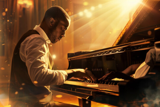 A multiracial musician, playing a grand piano in a concert hall. The spotlight captures the intensity of his performance