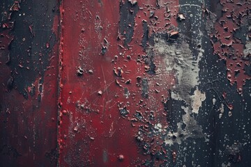 A weathered red and black wall with peeling paint. Suitable for backgrounds or texture overlays.