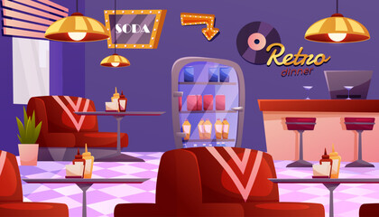 American Retro restaurant, diner interior with bar counter. Fast food retro cafe. Panoramic view of eatery. Empty restaurant with vintage decor.