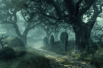 A misty forest path leading to an ancient stone circle, surrounded by ancient oaks - obrazy, fototapety, plakaty