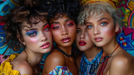 Four diverse young women with stylish makeup