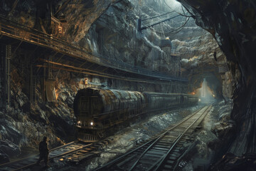 Naklejka premium A mining shaft, elevators descending, miners loading ore carts, the tunnel echoing with sounds of industry