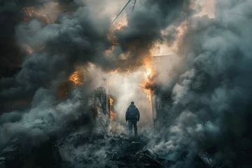 Fotobehang A man trapped in a burning building, looking for a way out, with smoke and flames everywhere © Formoney