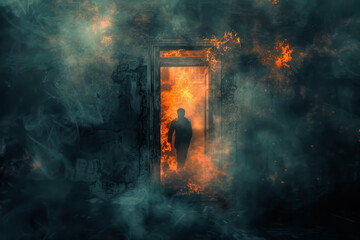 A man trapped in a burning building, looking for a way out, with smoke and flames everywhere - obrazy, fototapety, plakaty