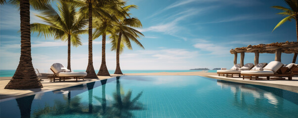 Fototapeta premium Luxury hotel with swimming pool. Best for summer holiday location. Sea or ocean in backgorund. Palms, loungers, umbrellas for perfect comfort