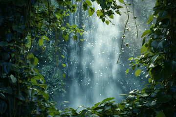 A magical waterfall hidden behind a curtain of vines, its waters sparkling with enchantment - Powered by Adobe