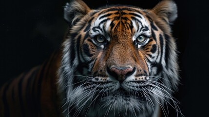 Close-up of a tiger's face on a black background, suitable for wildlife themes. - obrazy, fototapety, plakaty