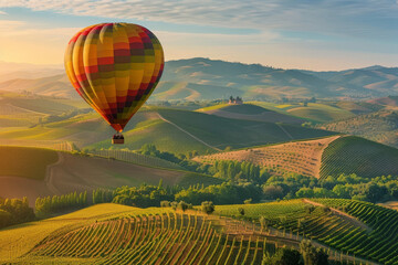Fototapeta premium A hot air balloon floating above rolling hills and vineyards