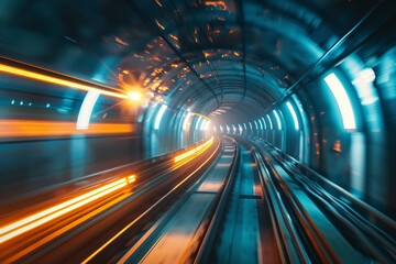 A high-speed rail tunnel, futuristic trains whizzing through, engineers testing tracks, magnetic levitation technology in action - obrazy, fototapety, plakaty
