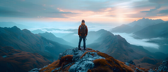A man standing on a mountain, symbolizing goals and achievements. A male backpacker gazes into a valley surrounded by mountains, with clouds covering the mountain tops. - obrazy, fototapety, plakaty