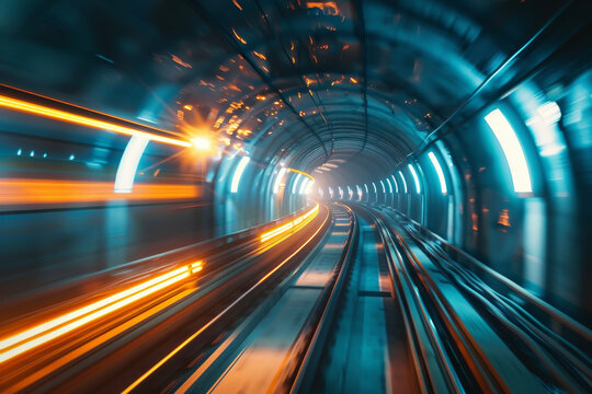 A high-speed rail tunnel, futuristic trains whizzing through, engineers testing tracks, magnetic levitation technology in action