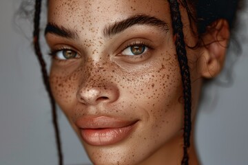 Close up of a woman with freckles on her face, suitable for beauty and skincare concepts.
