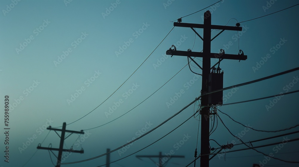 Poster image of power lines and telephone poles against a clear blue sky. suitable for technology or infras