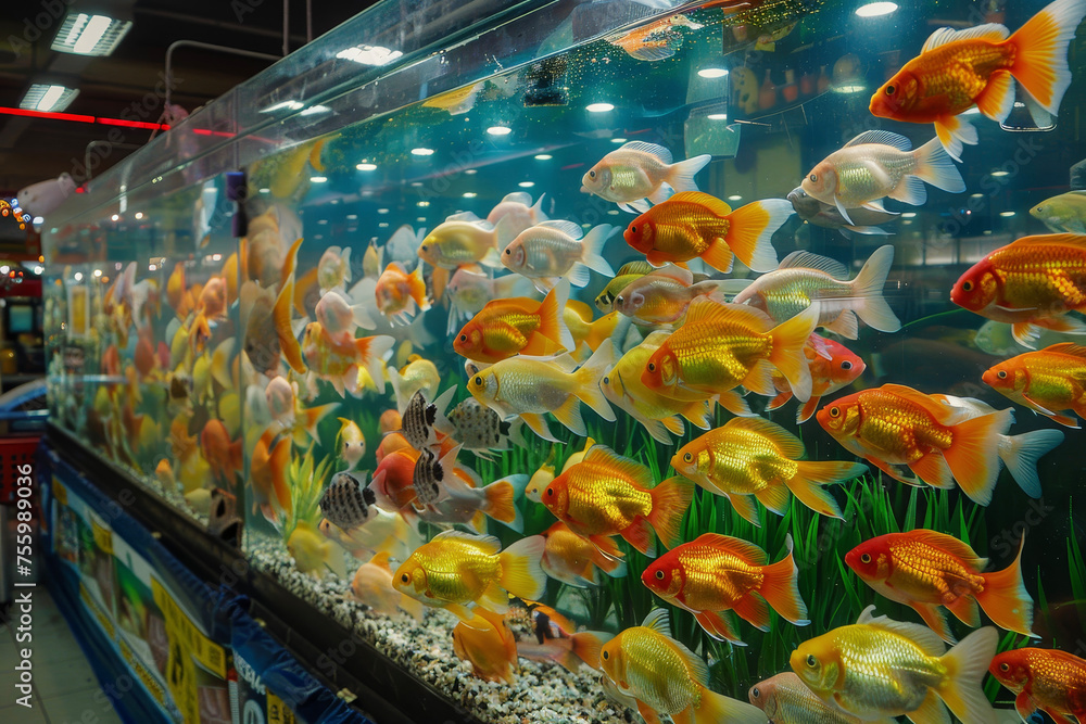 Wall mural a fish tank full of colorful tropical fish in a pet store