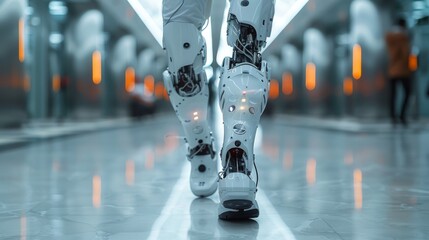 In a modern hospital, a patient with an injury walks while wearing an advanced robotic exoskeleton. Scientists and engineers use tablet computers to assist the patient during physical therapy.